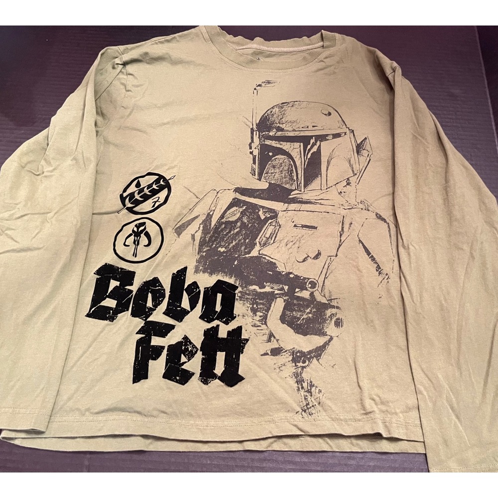 Disney Store Star Wars Boba Fett Long Sleeve Graphic Tee Olive Green Mens XL